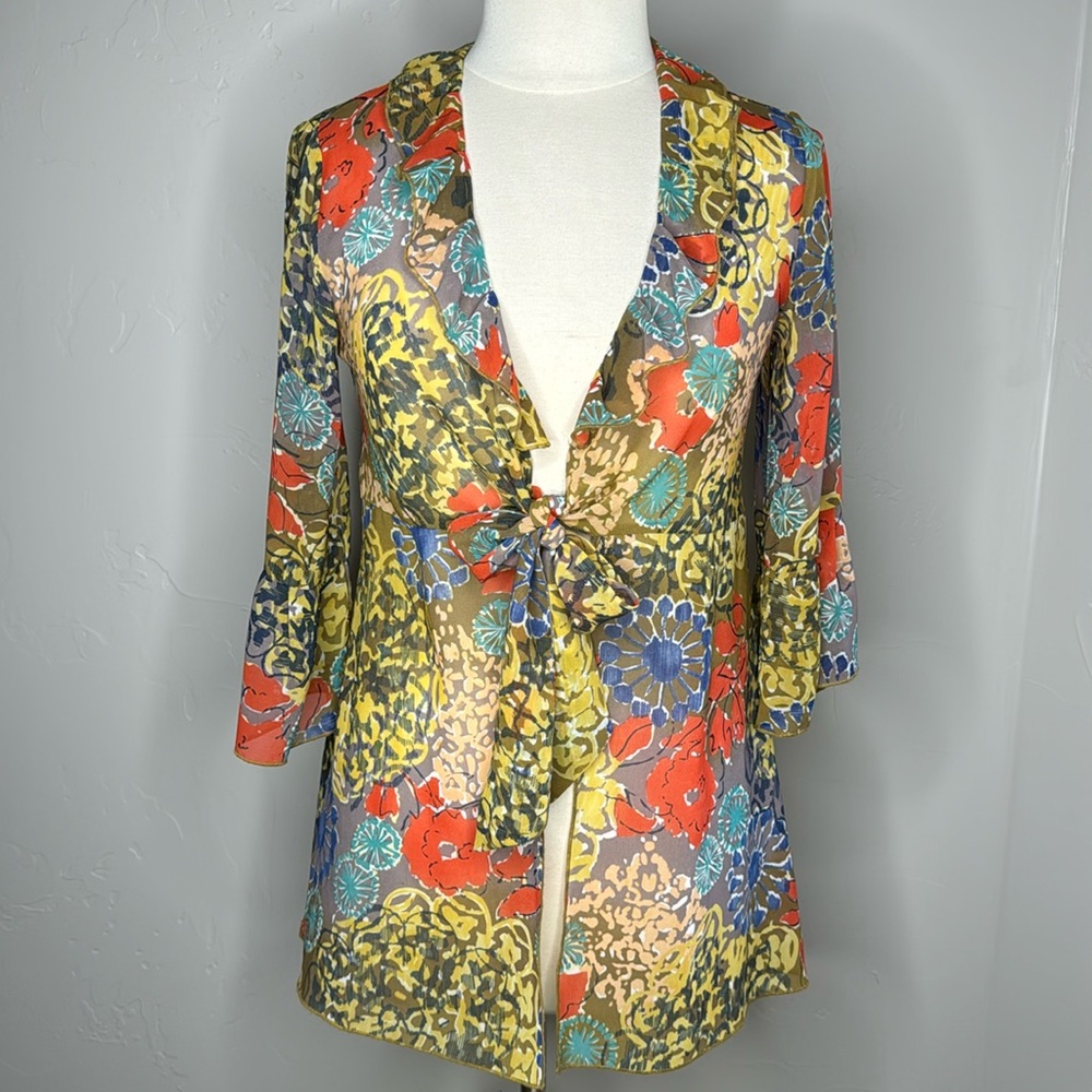 CAbi Floral Front tie Ruffle Jacket Kimono Size Small
